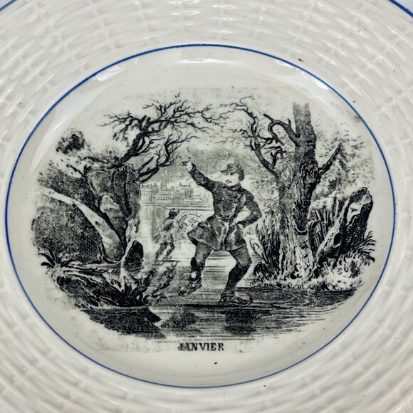 Antique Digoin French Porcelain Plate 7'' Janvier Black & White Decorative - Picture 2 of 4